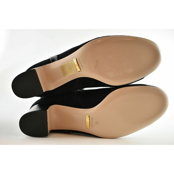 Gucci Geraldine 55 Black Suede Patent GG Gold Logo Low Heel Knee High Boot 35 - Picture 12 of 12